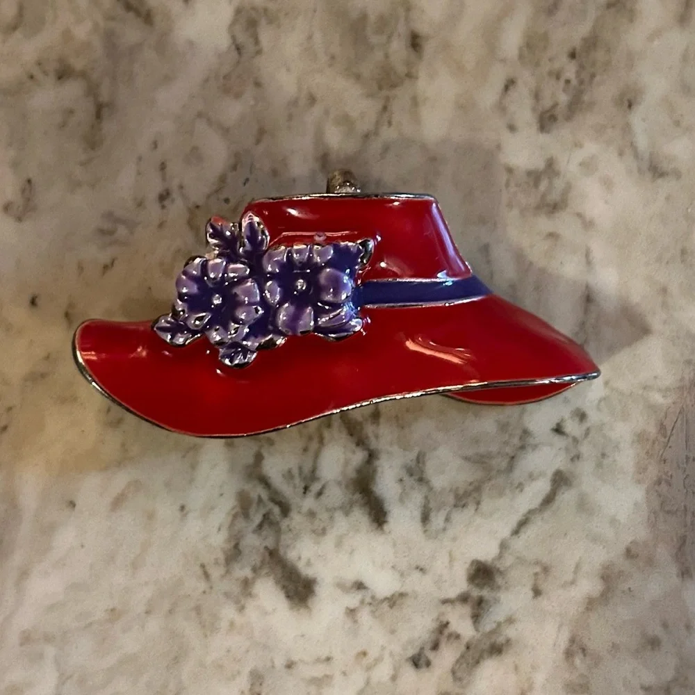 Vintage Red Hat Purple Floral Ribbon Enamel Pin Brooch Pendant Gold Tone